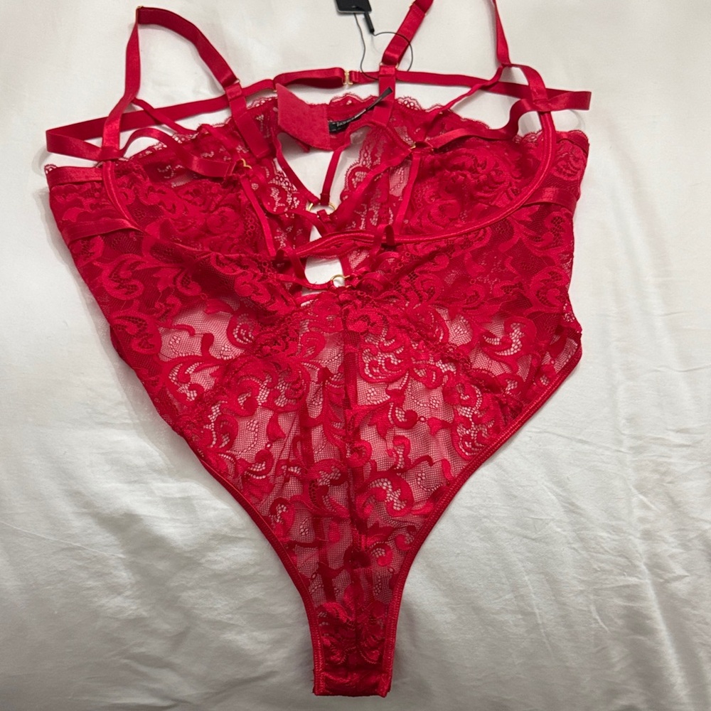 Fashion Nova Red Lace Strappy Teddy Bodysuit